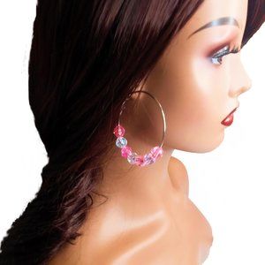 Beaded Hoop Earrings, Pink & Crystal-Colored Hoop Earrings, Large Gold Hoops